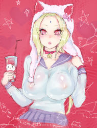  1girl animal_hat bell blonde_hair breasts cup drinking_straw facial_mark female_focus forehead_mark hat holding impossible_clothes large_breasts looking_at_viewer naruto naruto_(series) red_background red_eyes rimo_(shunlovej) school_uniform skirt solo tsunade_(naruto) upper_body  rating:Sensitive score:24 user:iyeiye