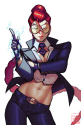  1girl absurdres arm_under_breasts belt between_breasts blouse braid breasts calvin_sims capcom collared_shirt crimson_viper dark_skin earrings green_eyes half-closed_eyes highres jacket jewelry lips long_hair looking_at_viewer mature_female medium_breasts midriff navel necktie necktie_between_breasts office_lady pants red_hair seductive_smile shirt single_braid smile solo street_fighter street_fighter_iv_(series) sunglasses toned very_long_hair white_shirt 