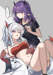  ... 2girls arknights bandeau bare_shoulders black_shirt blush breasts coat commentary_request demon_girl demon_horns dragon_girl dragon_horns dragon_tail earrings fang half_updo highres horns jewelry knees_up lava_(arknights) long_hair looking_at_another lying_on_lap lying_on_person mabing medium_breasts multicolored_hair multiple_girls navel nian_(arknights) off_shoulder on_lap one_eye_closed open_clothes open_coat open_mouth pointy_ears purple_eyes purple_hair red_hair shirt short_sleeves smile spoken_ellipsis stomach strapless streaked_hair sweatdrop tail thighs tube_top white_coat white_hair yuri  rating:Sensitive score:7 user:danbooru