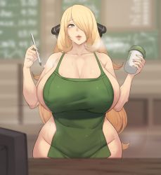 1girl alternate_breast_size apron areola_slip bare_shoulders blonde_hair breasts cafe cleavage collarbone creatures_(company) cup cynthia_(pokemon) disposable_cup female_focus game_freak grey_apron hair_between_eyes highres holding holding_marker huge_breasts iced_latte_with_breast_milk_(meme) long_hair looking_at_viewer marker meme metal_owl_(aden12) naked_apron nintendo parted_lips pokemon pokemon_dppt sidelocks solo wide_hips rating:Questionable score:261 user:Vardigiil