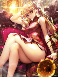 1girl blonde_hair blush breasts chair china_dress chinese_clothes dated dragon_print dress earrings flower furyou_michi_~gang_road~ green_eyes hair_flower hair_ornament highres jewelry legs crossed_legs long_hair looking_at_viewer ponytail sitting solo xaxak rating:Sensitive score:62 user:danbooru