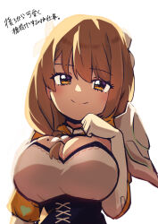  1girl absurdres ao_(flowerclasse) black_corset braid braided_ponytail breasts brown_eyes brown_hair cleavage corset fire_emblem fire_emblem_engage goldmary_(fire_emblem) highres hooded_top large_breasts looking_at_viewer low_ponytail mole mole_on_breast nintendo ribbon single_shoulder_pad solo white_ribbon 