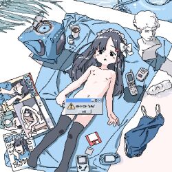  :o arms_at_sides black_eyes black_hair black_thighhighs blush bottle bust_(sculpture) cellphone censored coffee coffee_mug cup disc error_message fern flat_chest flip_phone floppy_disk frilled_hairband frills from_above game_boy_advance game_boy_advance_sp game_cartridge hair_ornament hairband hairclip half-closed_eyes handheld_game_console lokulo_no_mawashimono loli long_hair looking_at_viewer lowres lying magazine_(object) mug nipples novelty_censor nude object_request on_back original phone pill pill_bottle poolside shadow thighhighs water water_bottle window_(computing) 