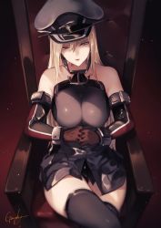  1girl arm_rest bare_shoulders bismarck_(kancolle) bismarck_drei_(kancolle) black_panties black_thighhighs blonde_hair breasts chair crossed_legs detached_sleeves dress genyaky gloves green_eyes grey_dress hair_between_eyes half-closed_eyes hat interlocked_fingers kantai_collection large_breasts lipstick long_hair looking_at_viewer makeup panties pantyshot peaked_cap red_gloves red_lips short_dress signature sitting solo thighhighs thighs underwear  rating:Questionable score:39 user:danbooru