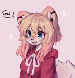  1girl anakoluth animal_ears blush dog_ears dog_girl dog_tail english_text fang furry furry_female glasses highres hood hoodie looking_at_viewer open_mouth original red_hoodie round_eyewear smile solo speech_bubble tail upper_body  rating:Sensitive score:9 user:danbooru