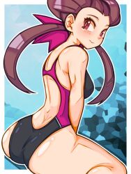  1girl ass back backless_outfit blush body_blush brown_hair creatures_(company) curved_horizon curvy dimples_of_venus forehead game_freak highleg highleg_swimsuit huge_ass long_hair looking_back mimizunooka nintendo pokemon pokemon_rse roxanne_(pokemon) shiny_skin smile swimsuit thick_thighs thighs wide_hips  rating:Questionable score:41 user:MagilousLover