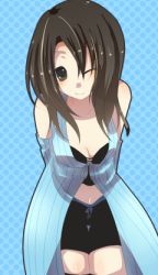  1990s_(style) 1girl arms_behind_back bare_shoulders bike_shorts black_hair breasts brown_eyes cleavage female_focus final_fantasy final_fantasy_viii long_hair lowres mokemokera rinoa_heartilly shorts solo wink 