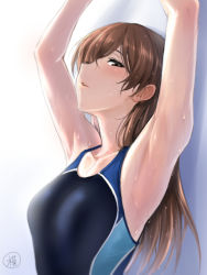 10s 1girl alternate_color armpits arms_up breasts brown_eyes brown_hair competition_swimsuit idolmaster idolmaster_cinderella_girls idolmaster_cinderella_girls_starlight_stage long_hair nitta_minami one-piece_swimsuit solo swimsuit ulrich_(tagaragakuin) rating:Sensitive score:33 user:danbooru