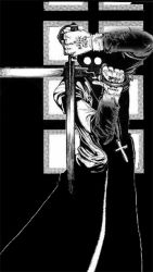  alexander_anderson bayonet comic cross glasses gloves hellsing long_coat male_focus monochrome priest weapon  rating:Sensitive score:7 user:Kujimoshi
