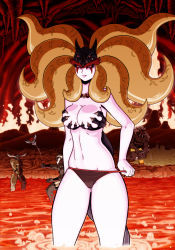 1girl 3boys :p absurdres alphachino beach_volleyball bikini black_bikini blonde_hair breasts cameltoe cave character_request colored_sclera eyelashes facial_tattoo fang fire grin highres himika koutetsushin_jeeg large_breasts linea_alba long_hair lowleg lowleg_bikini midriff lava monster_girl multiple_boys muscular pale_skin photoshop_(medium) red_eyes red_sclera sand_castle sand_sculpture severed_head smile stalactite swimsuit tattoo tongue tongue_out wading