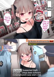  1girl 2koma 3boys black_camisole blood blush brown_hair camisole chloe_schwert chloe_stein_schwert choker comic description english_text fang grey_hair hard-translated holding instant_loss kanju mask multiple_boys open_mouth police police_uniform purple_eyes scared smile speech_bubble surrounded tagme tearing_up third-party_edit tongue twintails uniform vampire  rating:Sensitive score:46 user:doggydown