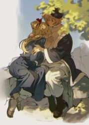  2girls ankle_boots black_beret black_hat blonde_hair blue_jacket blue_robe boots braid brown_eyes brown_footwear comforting commentary dappled_sunlight day dungeon_meshi elf falin_touden falin_touden_(tallman) full_body hair_bun hair_ribbon half_updo hand_on_another&#039;s_back hand_on_another&#039;s_chest hat head_on_chest highres hug iria_arts jacket long_hair looking_at_another marcille_donato multiple_girls open_clothes open_jacket outdoors pants pants_tucked_in pointy_ears ribbon robe rock sandals shirt short_hair single_hair_bun sitting sunlight symbol-only_commentary white_pants white_shirt 