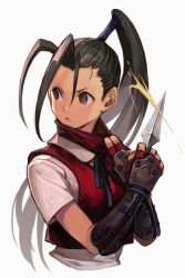  1girl blue_ribbon bracer brown_eyes brown_hair capcom collared_shirt fingerless_gloves gloves grey_background holding holding_weapon hungry_clicker ibuki_(street_fighter) kunai neck_ribbon parted_lips ponytail red_gloves red_vest ribbon shirt short_sleeves simple_background solo street_fighter street_fighter_iii vest weapon white_shirt 