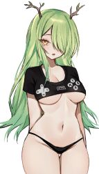  1girl absurdres alternate_costume antlers arms_behind_back black_panties blush breasts ceres_fauna commentary cowboy_shot crop_top english_commentary game_controller_print green_hair hair_over_one_eye highres hololive hololive_english horns large_breasts long_hair looking_at_viewer miclipse mole mole_under_eye navel no_bra panties parted_lips print_shirt shirt short_sleeves simple_background solo underboob underwear virtual_youtuber white_background yellow_eyes  rating:Sensitive score:26 user:danbooru
