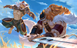  2boys abs afk_journey animal_ears bara barefoot blue_sky braid brutus_(afk_arena) claw_(weapon) claws clenched_teeth cloud cloudy_sky commentary english_commentary facial_hair fangs fighting furry furry_male goatee hinnab_art holding holding_sword holding_weapon lion_boy lion_ears lion_mane lion_tail male_focus multiple_boys muscular muscular_male pectorals shakir_(afk_journey) signature sky smile sword tail teeth twitter_username weapon wolf_boy wolf_ears wolf_tail 