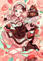 1girl ;d afterglow_(bang_dream!) aoba_moca apron bang_dream! blush boots breasts brown_apron brown_footwear cake cleavage commentary_request copyright_notice cross-laced_footwear dress eyebrows_hidden_by_hair food fork frilled_dress frilled_socks frills fruit green_eyes hair_over_shoulder hazawa_tsugumi high_heel_boots high_heels highres holding holding_fork holding_plate lace-up_boots long_hair looking_at_viewer low_twintails medium_breasts mitake_ran nou_(nounknown) one_eye_closed open_mouth pink_hair plate puffy_short_sleeves puffy_sleeves short_sleeves smile socks solo strawberry striped_clothes striped_dress striped_socks twintails udagawa_tomoe uehara_himari vertical-striped_clothes vertical-striped_dress vertical-striped_socks wrist_cuffs