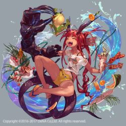  1girl 2016 2017 asymmetrical_arms braid breasts cherry claws closed_eyes corn fangs feet food frog fruit full_body grey_background horns ice_cream juice long_hair meat open_mouth orange_(fruit) original red_hair saliva sandals sausage shorts small_breasts so-taro squid straw tail tomato tongue tongue_out watermelon waves wet wet_clothes wings 