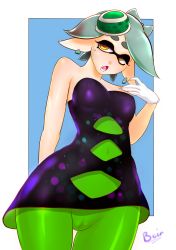  1girl absurdres breasts dress fang highres hip_focus inkling_player_character marie_(splatoon) nintendo nipples pantyhose pointy_ears pussy sharp_teeth skin_tight solo splatoon_(series) squid superboin teeth wide_hips yellow_eyes  rating:Explicit score:39 user:flcl29