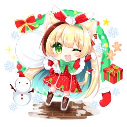 1girl ;d animal_ear_fluff animal_ears blonde_hair blue_hair boots box brown_footwear capelet cat_ears cat_girl cat_tail chibi christmas christmas_stocking christmas_wreath commentary_request dress full_body fur-trimmed_boots fur-trimmed_capelet fur-trimmed_headwear fur_trim gift gift_box gingerbread_man green_eyes hat holding holding_sack knee_boots long_hair multicolored_hair one_eye_closed open_mouth original red_capelet red_dress sack santa_hat shikito_(yawa0w0) smile snowflakes snowman solo standing standing_on_one_leg star_(symbol) tail two-tone_hair very_long_hair wreath rating:General score:3 user:danbooru