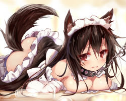1girl alternate_costume animal_ears ass bare_shoulders blush breasts brown_hair chain cleavage collar cup detached_collar drinking_glass efe enmaided glasses gloves imaizumi_kagerou leash long_hair looking_at_viewer lying maid maid_headdress md5_mismatch medium_breasts on_floor red_eyes solo tail tears touhou very_long_hair white_gloves wolf_ears wolf_tail rating:Questionable score:23 user:danbooru