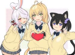  :3 alternate_costume animal_ears black_bow black_bowtie black_hair blonde_hair blue_eyes blush border bow bowtie box breasts candy cat_ears cat_girl cat_tail chocolate chocolate_heart closed_mouth collared_shirt cowboy_shot food green_eyes grey_skirt hair_ornament hair_over_one_eye hair_scrunchie half-closed_eyes hand_on_another&#039;s_shoulder hand_up heart heart-shaped_box highres holding holding_candy holding_chocolate holding_food holding_lollipop index_finger_raised keenu_(winterz.) large_breasts lollipop long_hair long_sleeves looking_at_viewer mechanical_arms miniskirt monkey_girl monkey_tail nervous_smile ohitori_(o_hitori_sama_1) omochi_(winterz.) one_eye_covered open_mouth outside_border pink_eyes pink_nails plaid plaid_skirt pleated_skirt polka_dot polka_dot_background ponytail popped_collar rabbit_ears rabbit_girl red_eyes scrunchie shirt short_hair side_ponytail single_mechanical_arm skirt small_sweatdrop smile standing striped_bow striped_bowtie striped_clothes sweater tail toshiya_(winterz.) two-tone_eyes v-shaped_eyebrows valentine virtual_youtuber white_border white_hair white_shirt winterz. yellow_sweater 