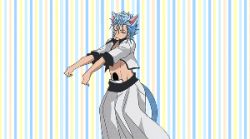  1boy abs animal_ears animated animated_gif arrancar bleach blue_hair cat_ears cat_tail dancing grimmjow_jaegerjaquez lowres male_focus number_tattoo nyan-nyan_dance short_hair solo striped striped_background tail tattoo 