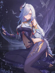  1girl absurdres aqua_nails black_background black_bodysuit bodysuit breast_curtain chinese_commentary chinese_knot closed_mouth clothing_cutout covered_navel dated earrings foot_out_of_frame genshin_impact gloves grey_eyes hair_over_one_eye hand_up highres hip_vent jewelry juuhachi_kin_(anthonyy1821) long_hair looking_at_viewer low-braided_long_hair low-tied_long_hair nail_polish on_water partially_fingerless_gloves shenhe_(genshin_impact) shoulder_cutout sitting solo tassel tassel_earrings toenail_polish toenails water_drop white_hair yokozuwari 