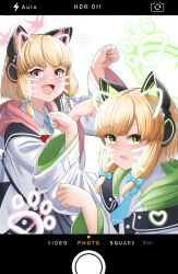  2girls :d absurdres adult_aongly animal_ear_headphones animal_ears black_skirt blonde_hair blue_archive blue_necktie blunt_bangs bow cat_ear_headphones coat collared_shirt commentary_request drawn_ears drawn_whiskers english_text fake_animal_ears fake_screenshot green_eyes hair_bow hair_ribbon halo headphones highres long_sleeves looking_at_viewer midori_(blue_archive) momoi_(blue_archive) multiple_girls necktie open_clothes open_coat open_mouth parted_bangs paw_pose paw_print pleated_skirt red_eyes ribbon school_uniform shirt short_hair siblings sidelocks simple_background skirt smile tress_ribbon twins viewfinder white_background white_coat white_shirt 