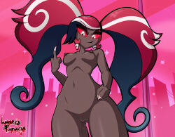  1girl absurdres artist_name breasts city_background clawed_hands cleft_of_venus completely_nude dark-skinned_female dark_skin demon_girl double_ponytail earrings hazbin_hotel highres jewelry long_hair looking_at_viewer lunaris_parukia medium_breasts middle_finger nipples nude pussy pussy_juice red_eyes red_hair smug smug_smile solo solo_focus velvette_(hazbin_hotel)  rating:Explicit score:18 user:IMWhatever2024