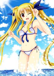  1girl absurdres bare_shoulders bikini blonde_hair breasts cloud collarbone day dot_nose fate_testarossa female_focus highres legs long_hair looking_at_viewer lyrical_nanoha mahou_shoujo_lyrical_nanoha navel one_eye_closed open_mouth red_eyes sky small_breasts solo swimsuit very_long_hair wet wool 