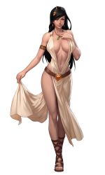  1girl bare_shoulders black_hair breasts dress covered_erect_nipples fantasy full_body green_eyes highres large_breasts long_hair looking_at_viewer robe smile solo standing  rating:Sensitive score:45 user:Nalex85
