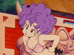  1980s_(style) 1girl animated animated_gif blue_eyes bra breasts cleavage dragon_ball female_focus hands_on_own_hips leaning_forward lipstick lowres makeup medium_breasts mole mole_under_eye oldschool outdoors panties pink_bra purple_hair ranfan red_lips retro_artstyle short_hair smile smirk solo underwear wavy_hair  rating:Sensitive score:62 user:fakyuh
