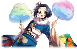  1girl artist_request black_hair blue_kimono blush code_geass code_geass:_lost_stories cotton_candy cowboy_shot dutch_angle female_focus flat_chest floral_print flower food fur-trimmed_kimono fur_collar fur_trim game_cg green_eyes hair_bun hair_flower hair_intakes hair_ornament hands_up happy highres holding holding_food japanese_clothes kimono light_blush long_sleeves looking_at_viewer non-web_source obi official_art open_mouth rainbow_gradient sash short_hair sidelocks simple_background smile solo standing sumeragi_kaguya teeth transparent_background white_flower wide_sleeves 