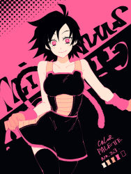  1girl alternate_eye_color armor bakusou_k bare_arms black_hair blush breasts closed_mouth collarbone dragon_ball dragon_ball_minus english_text facing_viewer gine gloves happy holding holding_clothes holding_skirt looking_at_viewer mature_female medium_breasts monkey_tail monochrome pink_eyes saiyan saiyan_armor short_hair skirt smile solo solo_focus spiked_hair standing tail thighhighs wristband 
