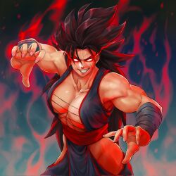  1girl artist_request aura black_hair blank_eyes breasts cleavage dragon_ball energy glowing glowing_eyes highres large_breasts muscular muscular_female no_pupils red_aura saiyan source_request teeth white_eyes  rating:Questionable score:12 user:MysteryJ1