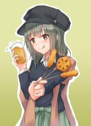  1girl alcohol beer black_hat black_sweater breasts brown_eyes cabbie_hat commentary_request cup drinking_glass food gradient_background green_background green_skirt grey_hair hair_down hat highres jacket jacket_on_shoulders k_jie kantai_collection medium_breasts official_alternate_costume official_alternate_hairstyle pleated_skirt skirt solo sweater tongue tongue_out yuubari_(kancolle) 