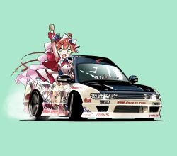  1girl blush bow car dress drifting freyja_wion gloves green_background green_eyes hair_bow hair_ornament heart heart_hair_ornament highres hikageno holding holding_microphone itasha looking_at_viewer macross macross_delta microphone motor_vehicle nissan_s13_silvia nissan_silvia open_mouth red_gloves shadow simple_background sitting solo v-shaped_eyebrows vehicle_focus watermark web_address white_background white_dress 