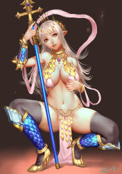 1girl ariverkao armor bikini bikini_armor bikini_top_only black_thighhighs bracelet breasts cleavage crown dated demon_girl demon_horns gauntlets hair_ornament high_heels horns jewelry large_breasts leg_armor loincloth long_hair looking_at_viewer navel necklace original pelvic_curtain pendant pointy_ears polearm red_eyes revealing_clothes shawl signature silver_hair solo spread_legs squatting swimsuit thighhighs thighs weapon rating:Sensitive score:48 user:danbooru