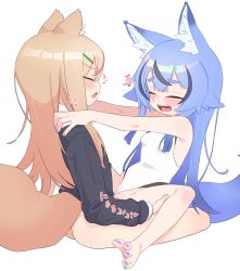  1boy 1girl animal_ear_fluff animal_ears bar_censor bare_arms bare_shoulders black_cardigan blonde_hair blue_hair blush borrowed_character bottomless cardigan censored closed_eyes clothed_sex commentary_request fang fox_ears fox_tail foxx-chan_(foxxre) from_side hair_ornament hairclip hands_on_another&#039;s_shoulders heart hetero highres konatsu_(owasaki) leg_grab long_hair multicolored_hair nail_polish one-piece_swimsuit open_mouth original outstretched_arms owasaki purple_nails pussy sex sharp_teeth simple_background skin_fang sound_effects spread_legs straddling streaked_hair swimsuit tail teeth thick_eyebrows toenail_polish toenails trap two-tone_hair upright_straddle variant_set white_background white_one-piece_swimsuit 