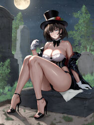  1girl black_bow black_bowtie black_dress black_footwear black_hair black_hat black_jacket black_panties blush bow bowtie bra breasts brown_dust_2 brown_eyes cleavage dress earrings flower full_body full_moon gloves grave graveyard hat hat_flower high_heels highres jacket jewelry knees_together_feet_apart large_breasts lipstick looking_at_viewer makeup moon open_mouth panties red_flower scheherazade_(brown_dust) shadow short_hair sitting solo stiletto_heels thick_thighs thighs toes tombstone top_hat underwear user_nyjx7282 white_bra white_gloves 