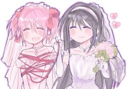 2girls ^_^ akemi_homura bdsm black_hair bondage bound bouquet bow bridal_veil closed_eyes collarbone couple dress earrings elbow_gloves facing_viewer female_focus flower gloves hair_bow hairband heart holding holding_bouquet jewelry kaname_madoka kerimka31328031 long_hair mahou_shoujo_madoka_magica mahou_shoujo_madoka_magica_(anime) medium_hair multiple_girls necklace open_mouth pearl_necklace pink_bow pink_hair ring smile soul_gem tied_up_(nonsexual) twintails veil wedding_dress wedding_ring white_dress white_gloves wife_and_wife yuri