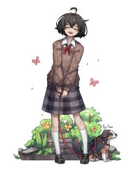 1girl absurdres ahoge artist_name bangs black_hair blind_girl_(popopoka) blush borrowed_character brown_footwear brown_sweater bug bush butterfly collared_shirt commentary dog eyes_closed flower franlol full_body grey_skirt highres holding holding_leash insect knees leash long_sleeves neck_ribbon open_mouth original pigeon-toed pink_butterfly plaid plaid_skirt red_ribbon ribbon shirt shoes short_hair skirt smile socks standing sweater tongue upper_teeth white_background white_legwear white_shirt yellow_flower |d