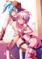  2boys ass blue_hair exrano hand_on_head hat highres looking_at_viewer male_focus multiple_boys penis pink_hair smile trap yaoi  rating:Explicit score:65 user:DoctorWasabi