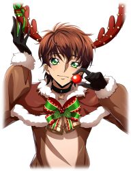 1boy animal_costume artist_request black_choker black_gloves blush bow bowtie brown_capelet brown_hair capelet choker closed_mouth code_geass code_geass:_lost_stories cropped_torso fake_antlers fake_nose fur-trimmed_capelet fur-trimmed_sleeves fur_trim game_cg gloves green_bow green_bowtie green_eyes green_ribbon hands_up highres holly horn_ornament horn_ribbon horns kururugi_suzaku light_blush long_sleeves looking_at_viewer male_focus neck_bell nervous non-web_source official_art reindeer_costume ribbon short_hair sidelocks simple_background smile solo straight-on sweat transparent_background upper_body