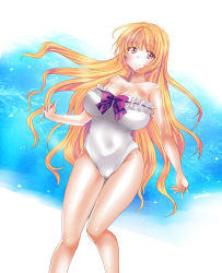  1girl blonde_hair casual_one-piece_swimsuit fragran0live frills highres long_hair one-piece_swimsuit orange_eyes original solo swimsuit 