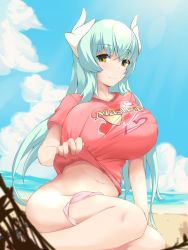  1girl alternate_breast_size aqua_hair bad_id bad_pixiv_id beach blue_sky breasts buster_shirt clothes_lift clothes_writing cloud crossed_bangs day dragon_horns fate/grand_order fate_(series) heart highres horns huge_breasts kiyohime_(fate) lifting_own_clothes long_hair maruchobi navel orange_eyes outdoors panties panties_around_leg pink_panties pink_shirt shirt shirt_lift short_sleeves sky solo straight_hair t-shirt underwear very_long_hair water  rating:Questionable score:23 user:danbooru
