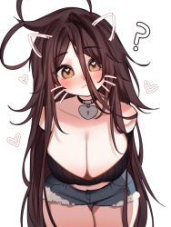  1girl :3 ? absurdres ahoge arms_behind_back bare_shoulders bent_over black_choker black_shirt blush breasts brown_eyes brown_hair choker cleavage collarbone cowboy_shot cutoffs denim denim_shorts downblouse drawn_ears drawn_whiskers hair_between_eyes hanging_breasts heart heart_ahoge heart_pendant highres huge_ahoge large_breasts leaning_forward long_bangs long_hair looking_at_viewer messy_hair off-shoulder_shirt off_shoulder original pendant_choker ribbed_shirt shirt short_shorts shorts simple_background sky_above_me solo very_long_hair white_background 