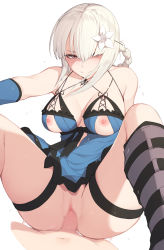  1boy 1girl cowgirl_position flower flower_on_head highres kaine_(nier) nier nier_(series) nippleless_clothes sex solo_focus straddling tagme vaginal white_hair  rating:Explicit score:84 user:KD11zero