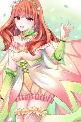  1girl blunt_bangs cape celica_(fire_emblem) collarbone dress earrings fire_emblem fire_emblem_echoes:_shadows_of_valentia fire_emblem_heroes flower frilled_shorts frills gradient_dress gradient_legwear hair_flower hair_ornament highres jewelry kirishima_riona looking_at_viewer medium_hair multicolored_clothes nintendo official_alternate_costume open_mouth pink_dress red_eyes red_hair shorts smile solo thighhighs 