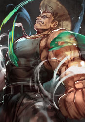  1boy american_flag blonde_hair capcom capcom_cup clenched_hands dog_tags energy_ball flattop guile hungry_clicker male_focus manly muscular shockwave shoulder_tattoo solo sonic_boom_(sound) street_fighter street_fighter_v tank_top tattoo umehara_daigo 